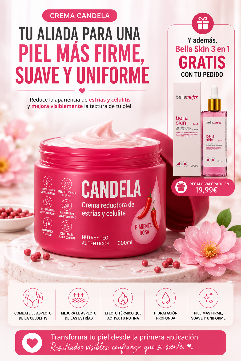🔥 Crema CANDELA para Celulitis y Estrías + 🎁 Bella Skin 3 en 1 de REGALO